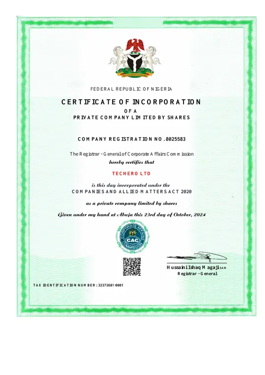 Certificate of Incorporation issued to Techero