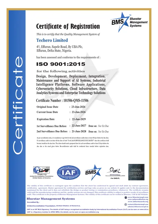 ISO 9001:2015 Quality Management System issued to Techero