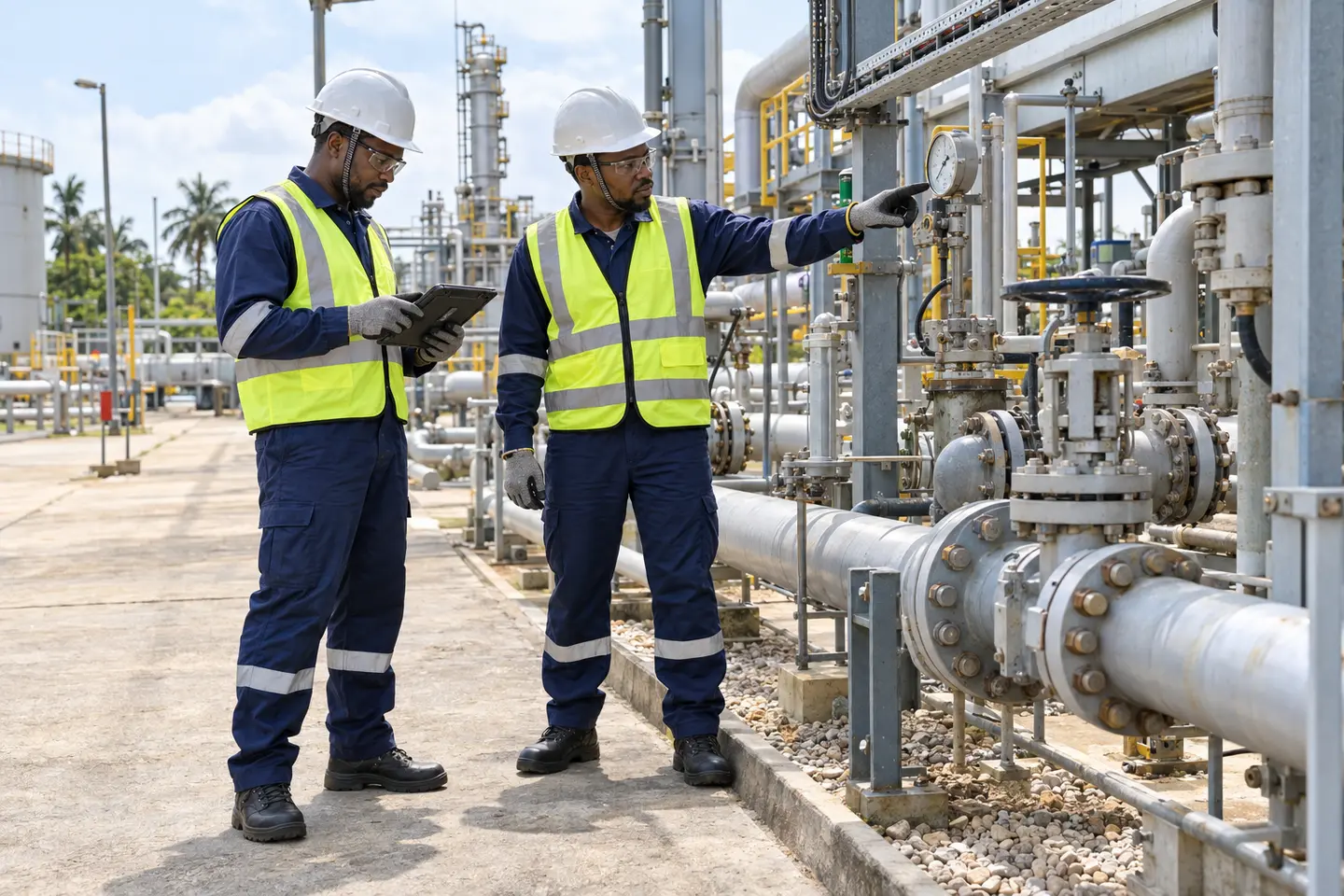 Black field engineers inspecting industrial equipment in appropriate PPE