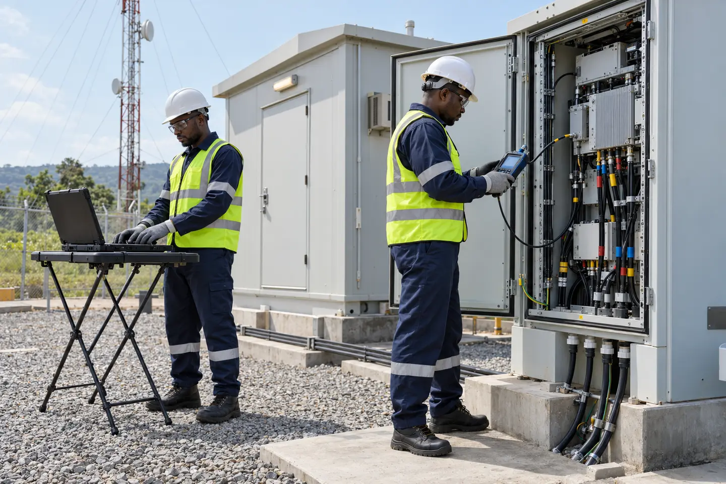 Black telecom technicians testing radio equipment at an industrial site
